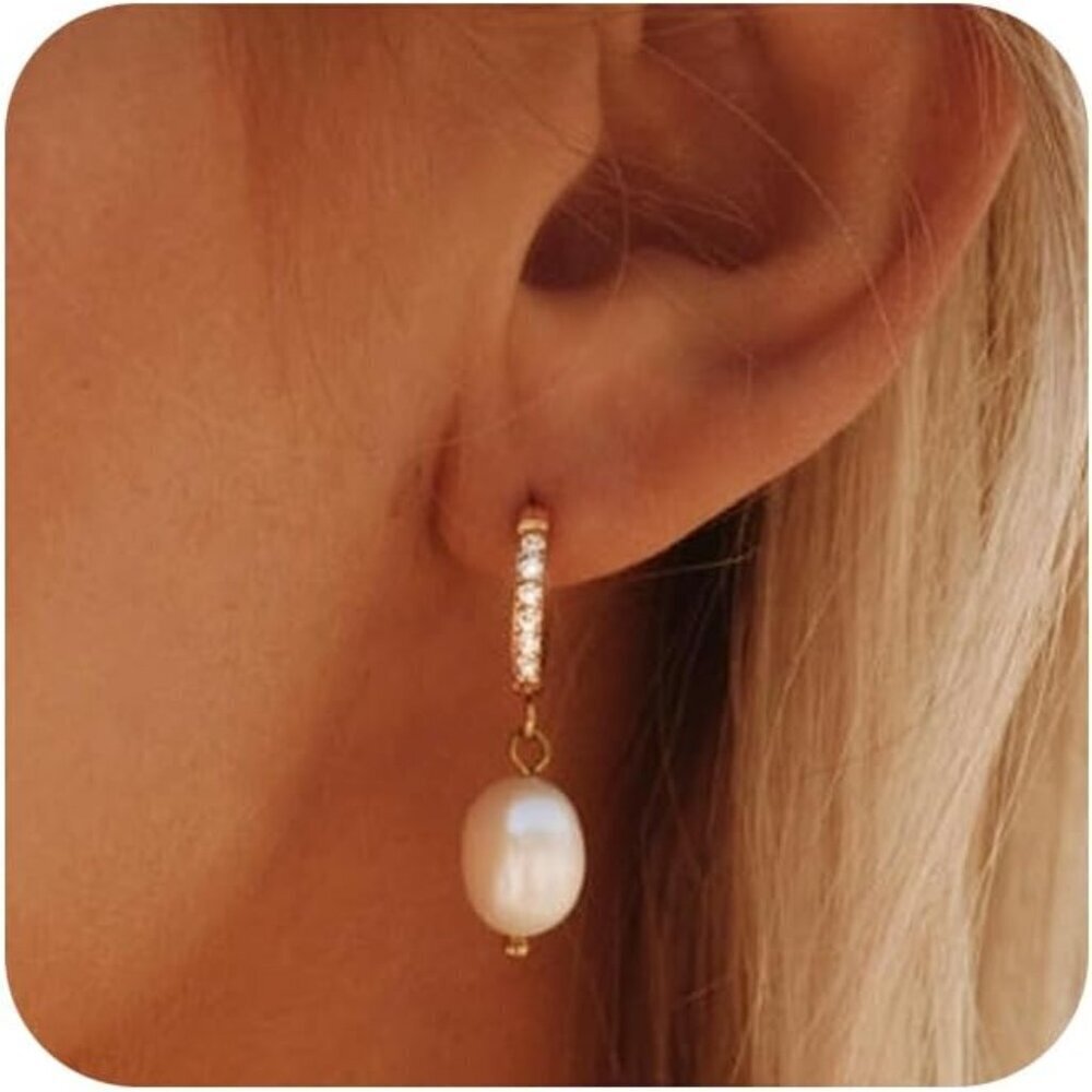 Pearl Earrings Women Gold Plated Drop Hoop Bridal Wedding Dainty Jewelry